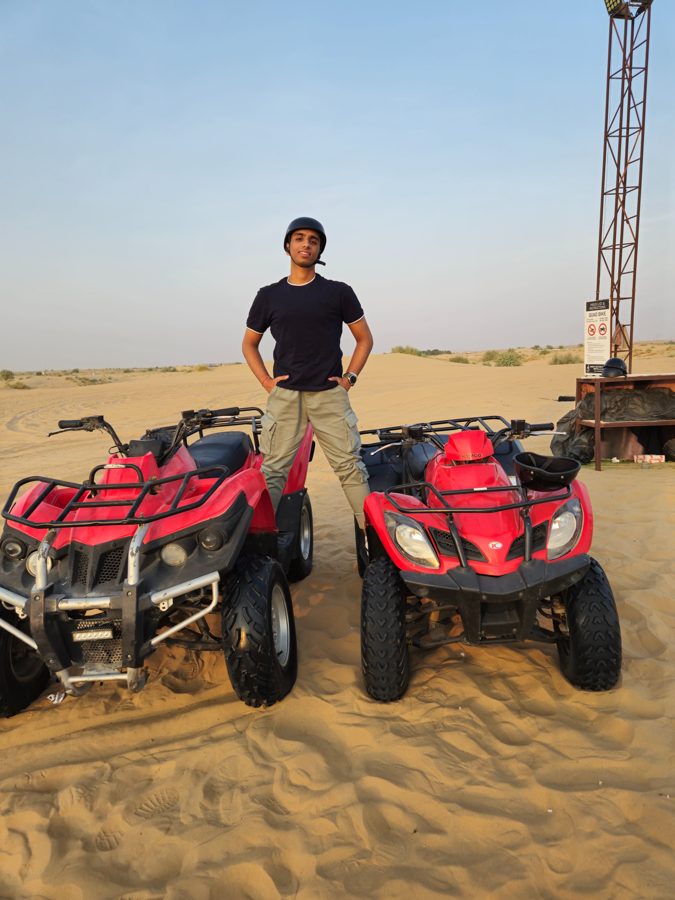 Gautam, helmet on, ready to ride